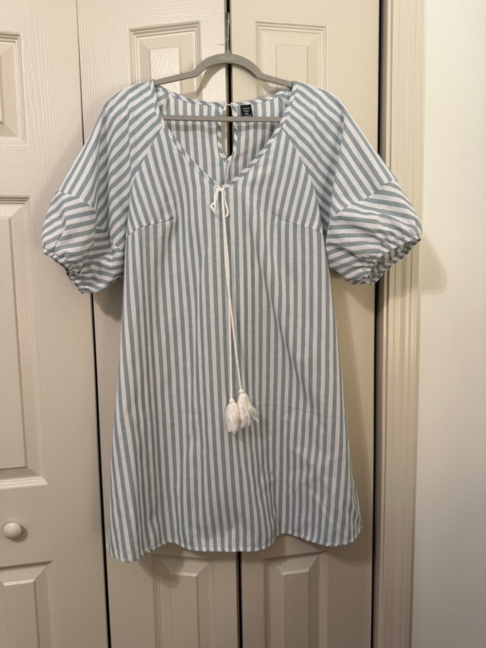 Striped Tassel Tie Tunic Dress - Green & White